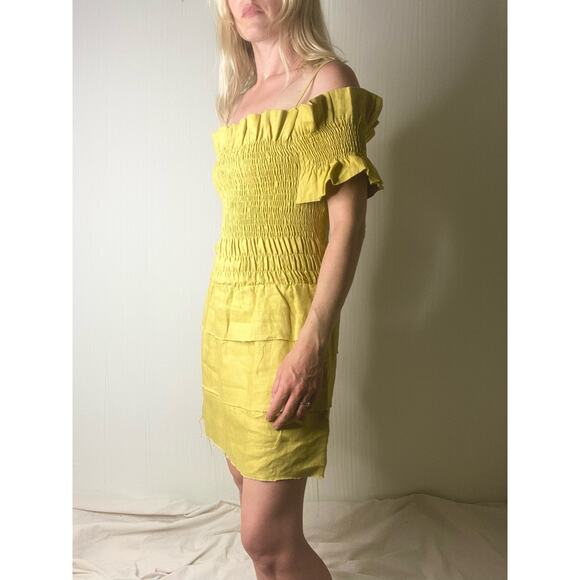 SIR. THE LABEL Mariele One Sleeve Smocked Bust Mustard Linen Mini Dress US SMALL - Picture 2 of 16